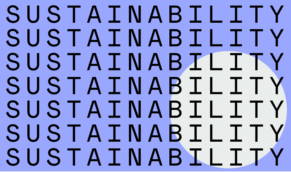 blauer Hintergrund, darauf steht das Wort Sustainability sieben Mal untereinander